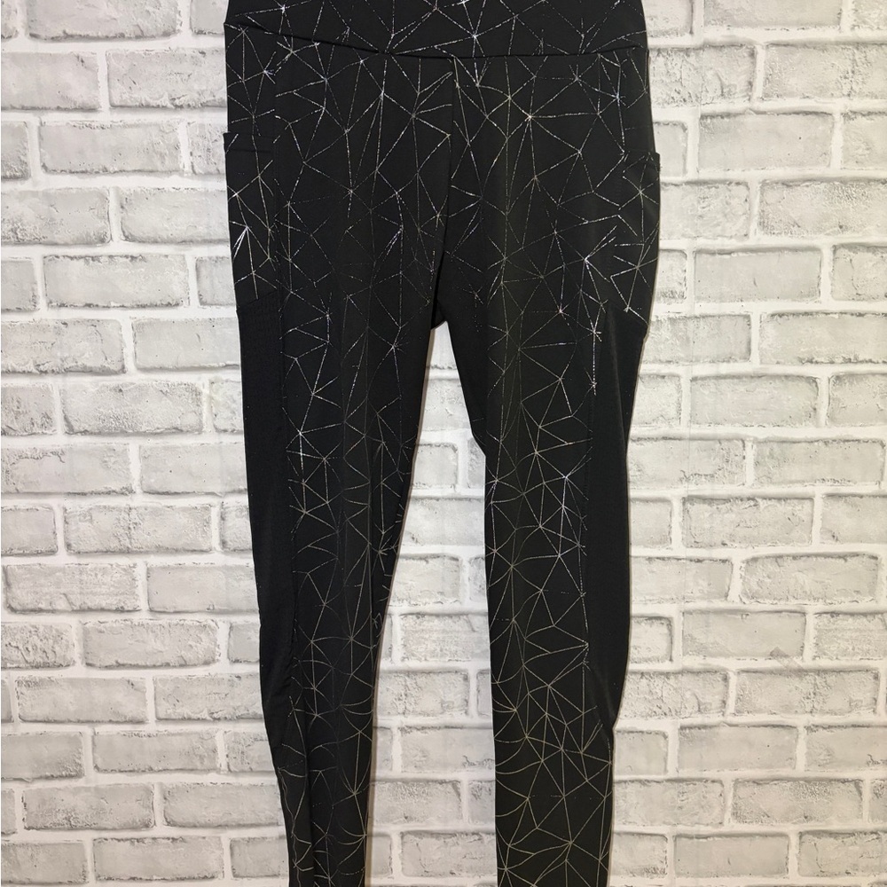Black/silver Geometric Print Leggings with pockets, XL sparkle shine